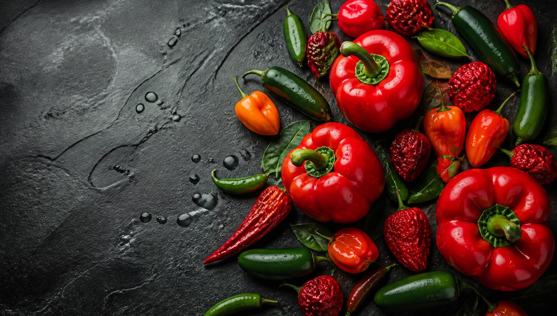Fresh red bell peppers, habaneros, jalapeños, serranos, ghost peppers and Carolina reapers on dark slate